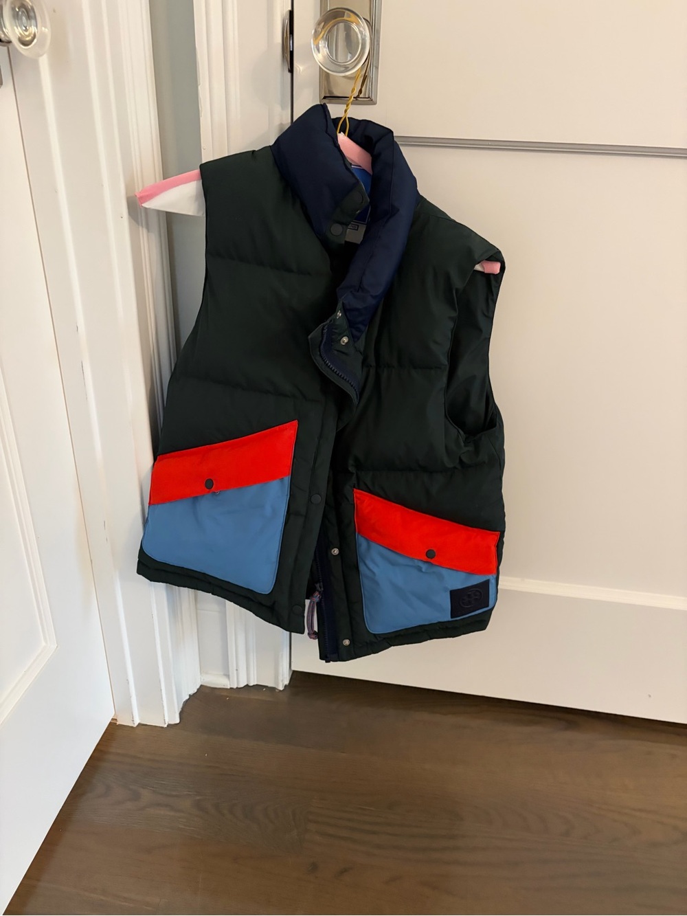 Tory Sport Navy and Forest Green Puffer Vest with Contrast Trim